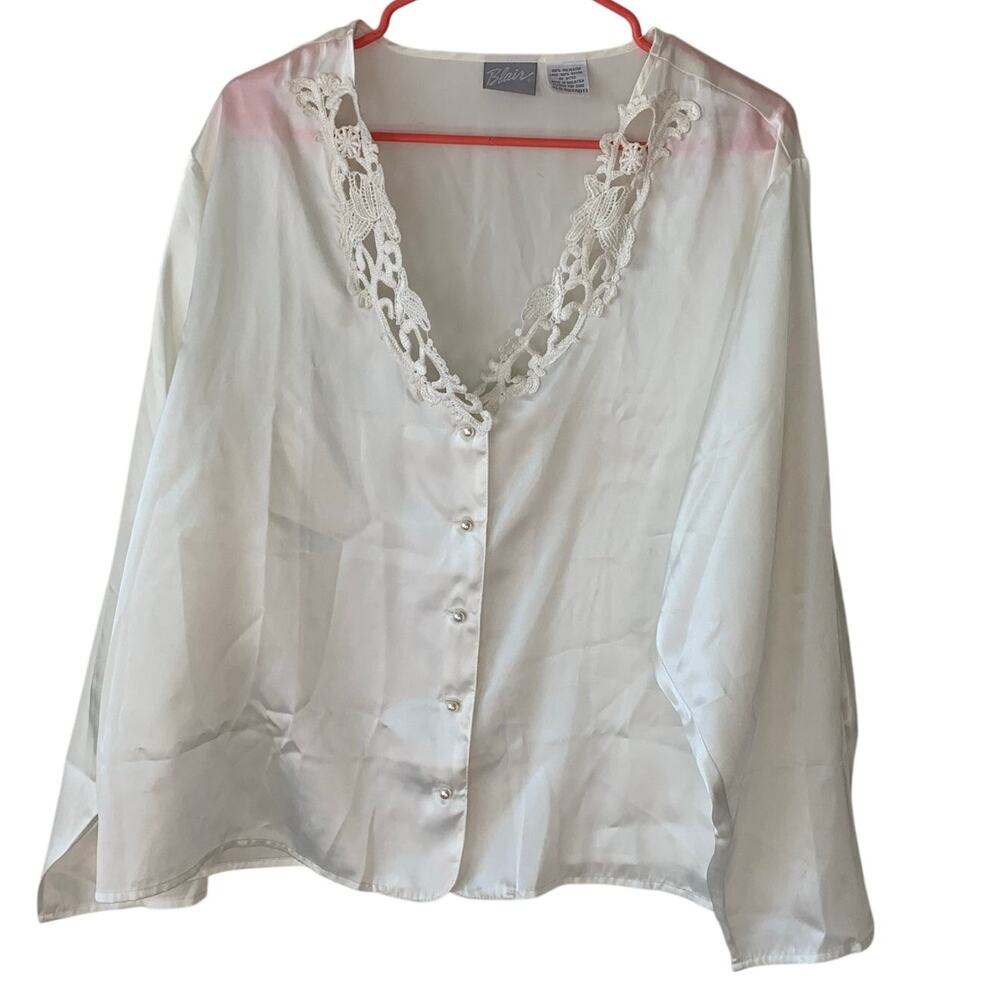 Vintage White Satin Lace Blair Sleep Shirt Sz XL Loungewear Button Down